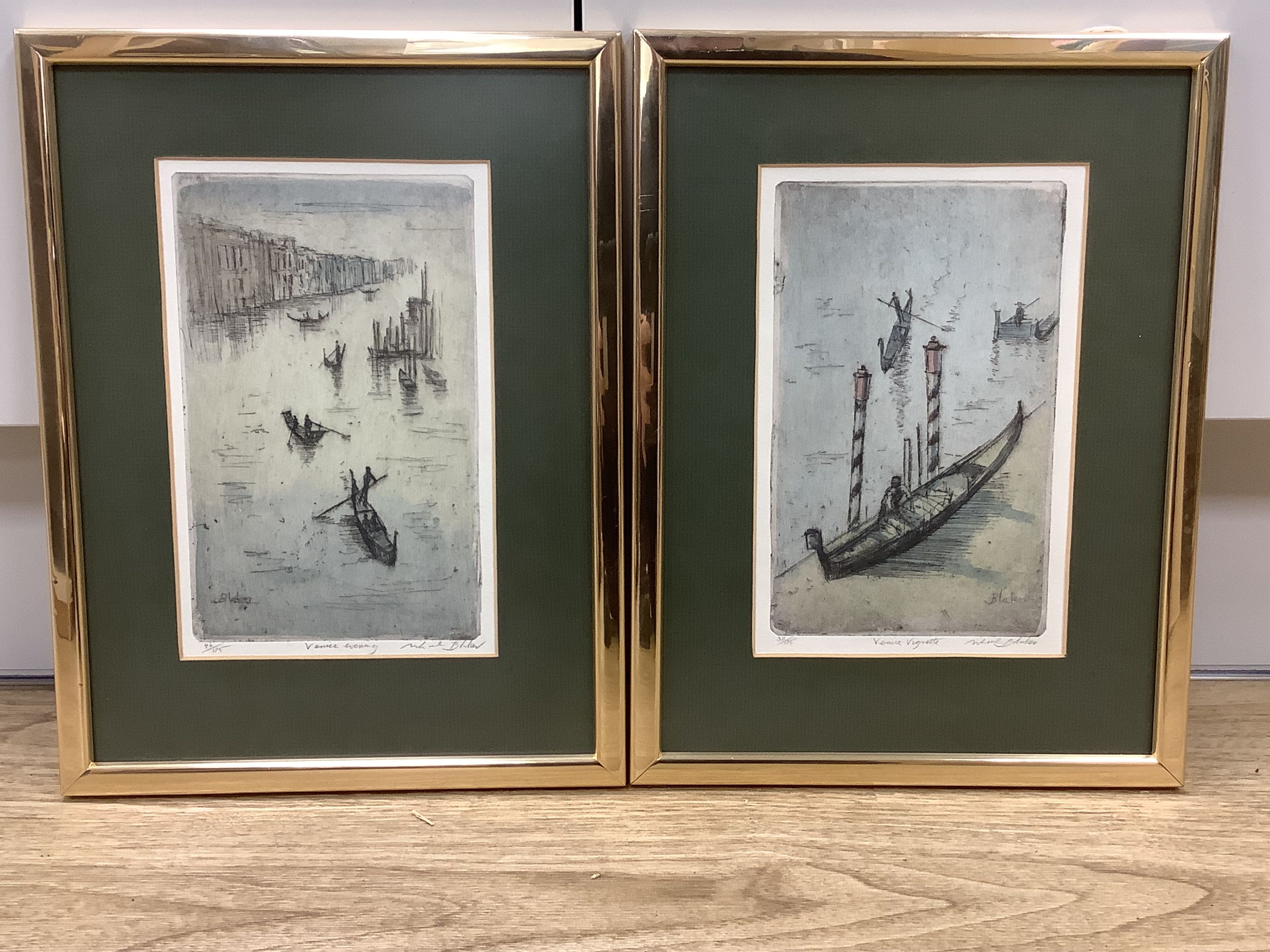 After Michael Blaker (1928-2018), five coloured etchings, including Brighton, Venice and Northern Italy